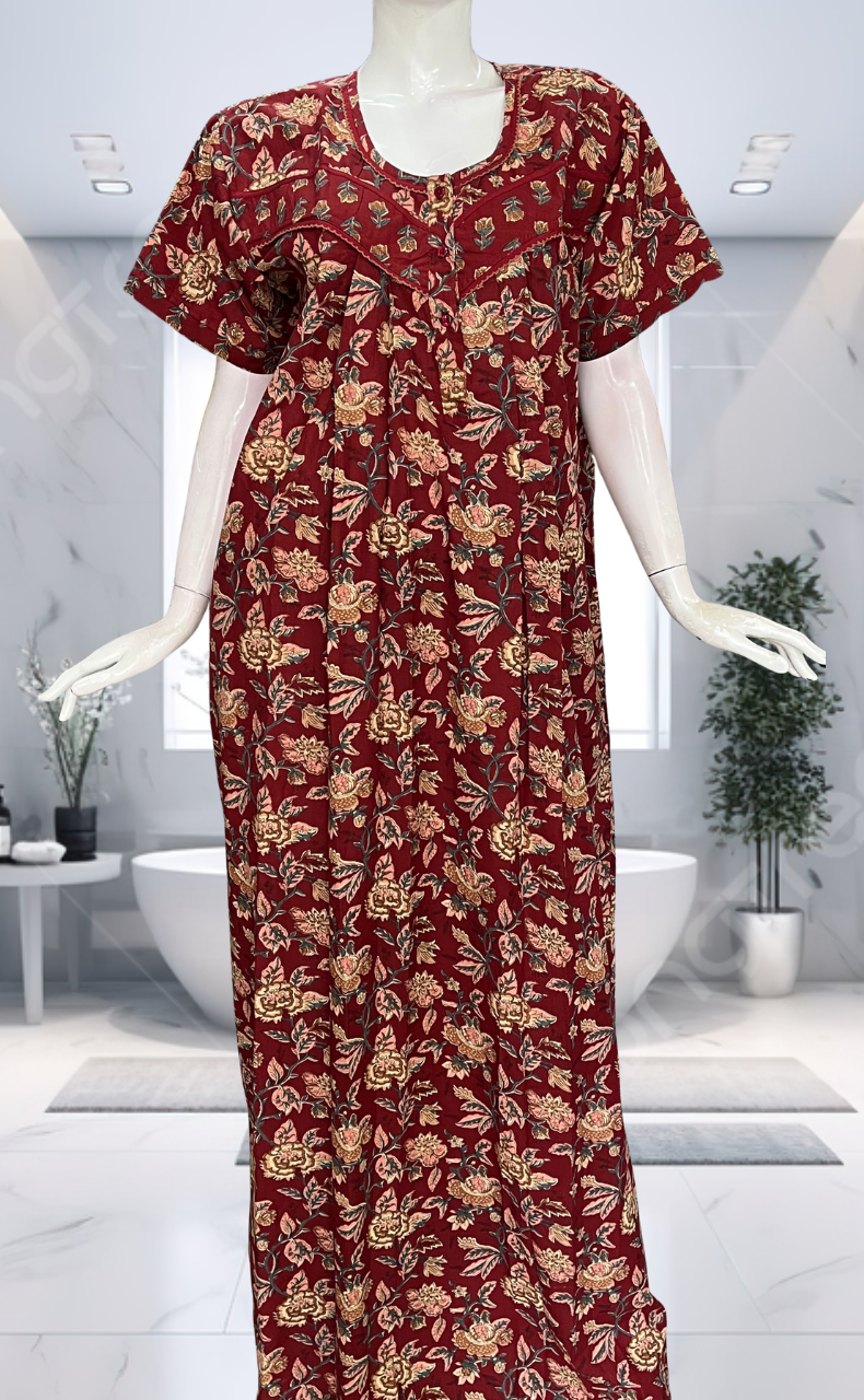 Maroon Garden Pure Cotton Nighty. Pure Durable Cotton | Laces and Frills - Laces and Frills