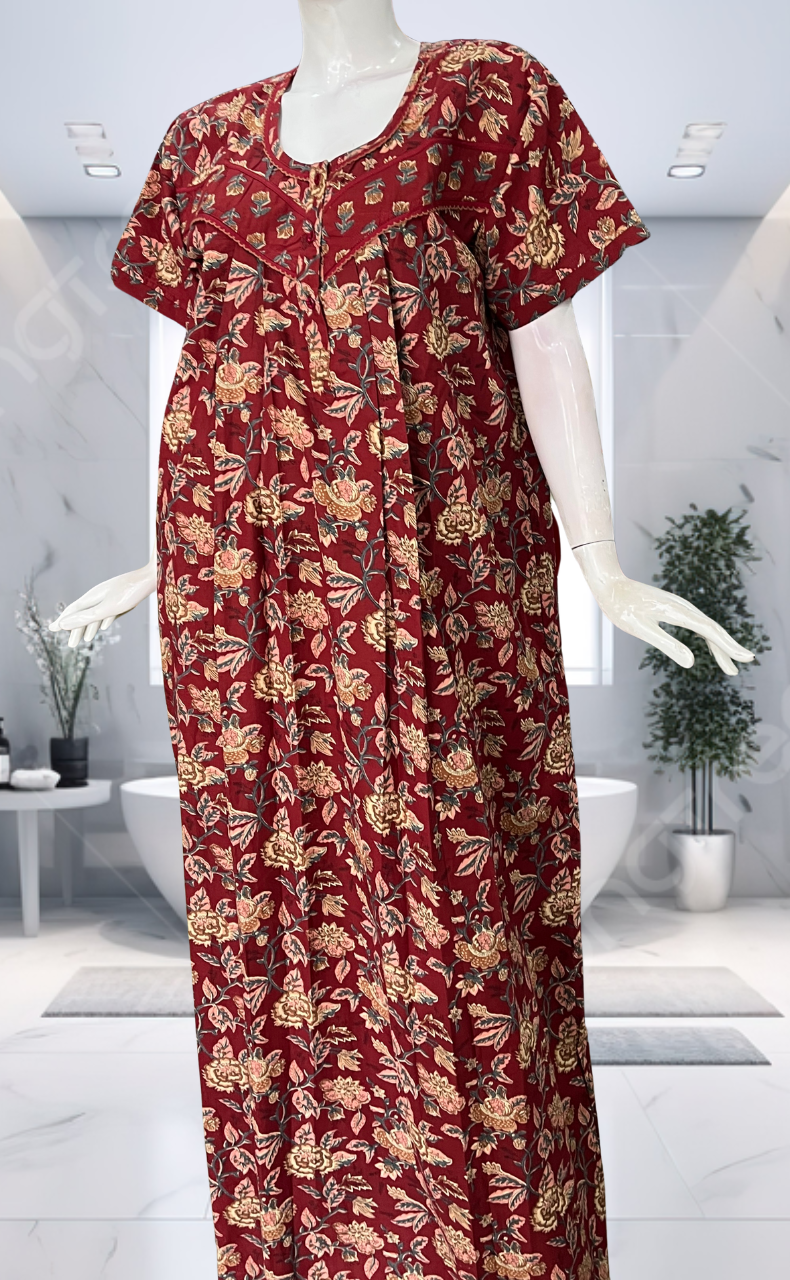 Maroon Garden Pure Cotton Nighty. Pure Durable Cotton | Laces and Frills - Laces and Frills