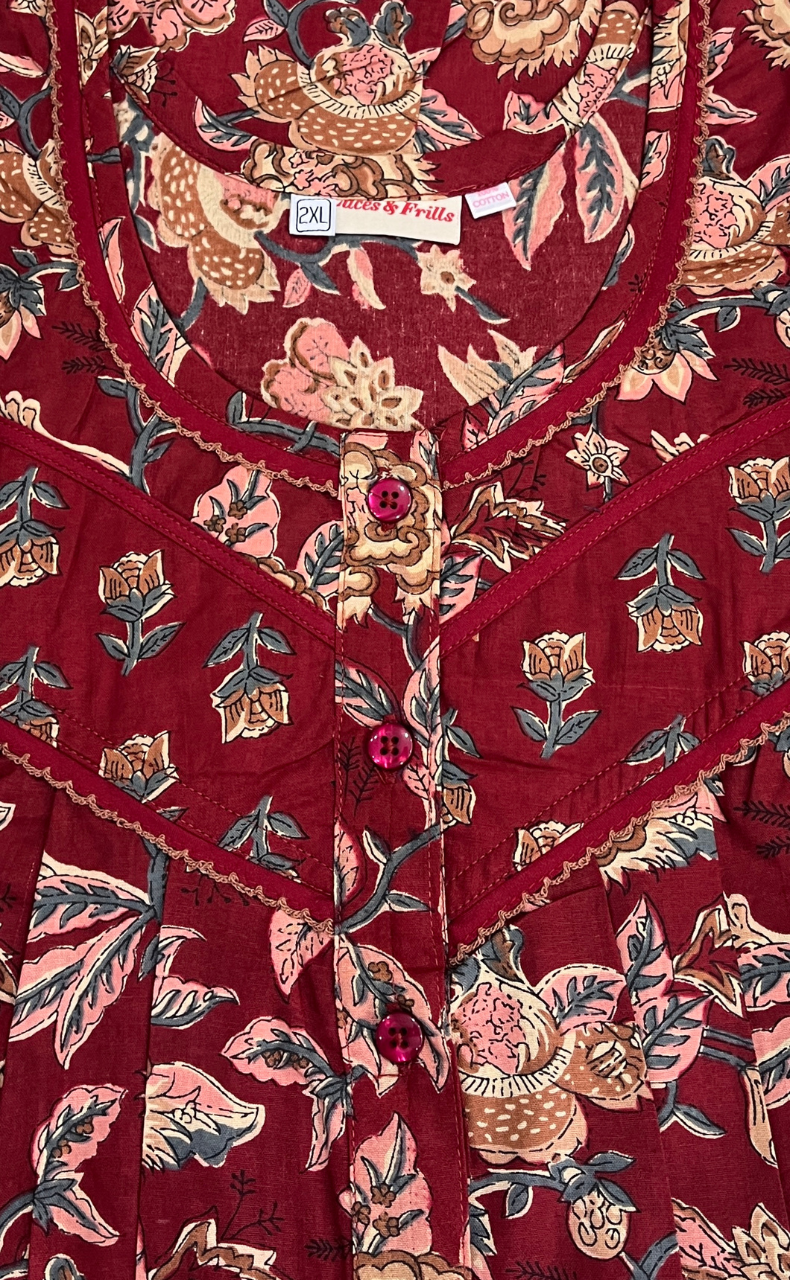 Maroon Garden Pure Cotton Nighty. Pure Durable Cotton | Laces and Frills - Laces and Frills