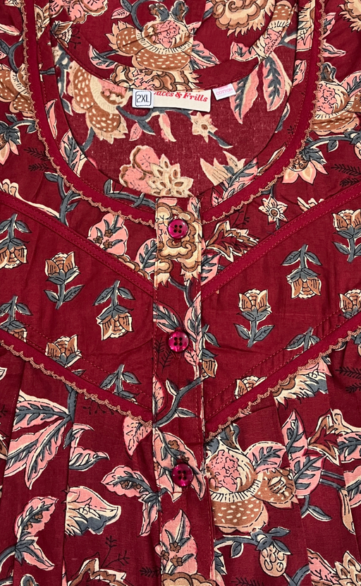 Maroon Garden Pure Cotton Nighty. Pure Durable Cotton | Laces and Frills - Laces and Frills