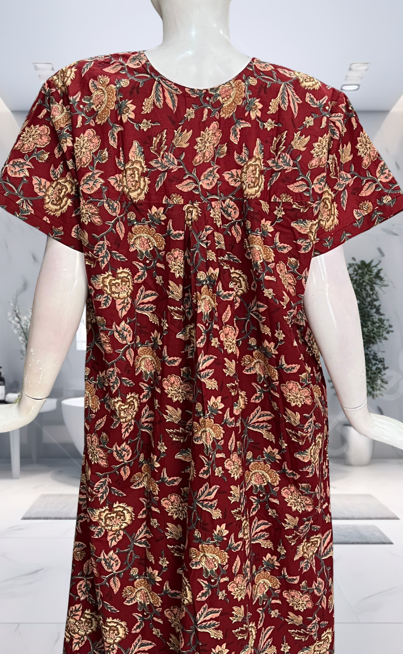 Maroon Garden Pure Cotton Nighty. Pure Durable Cotton | Laces and Frills - Laces and Frills