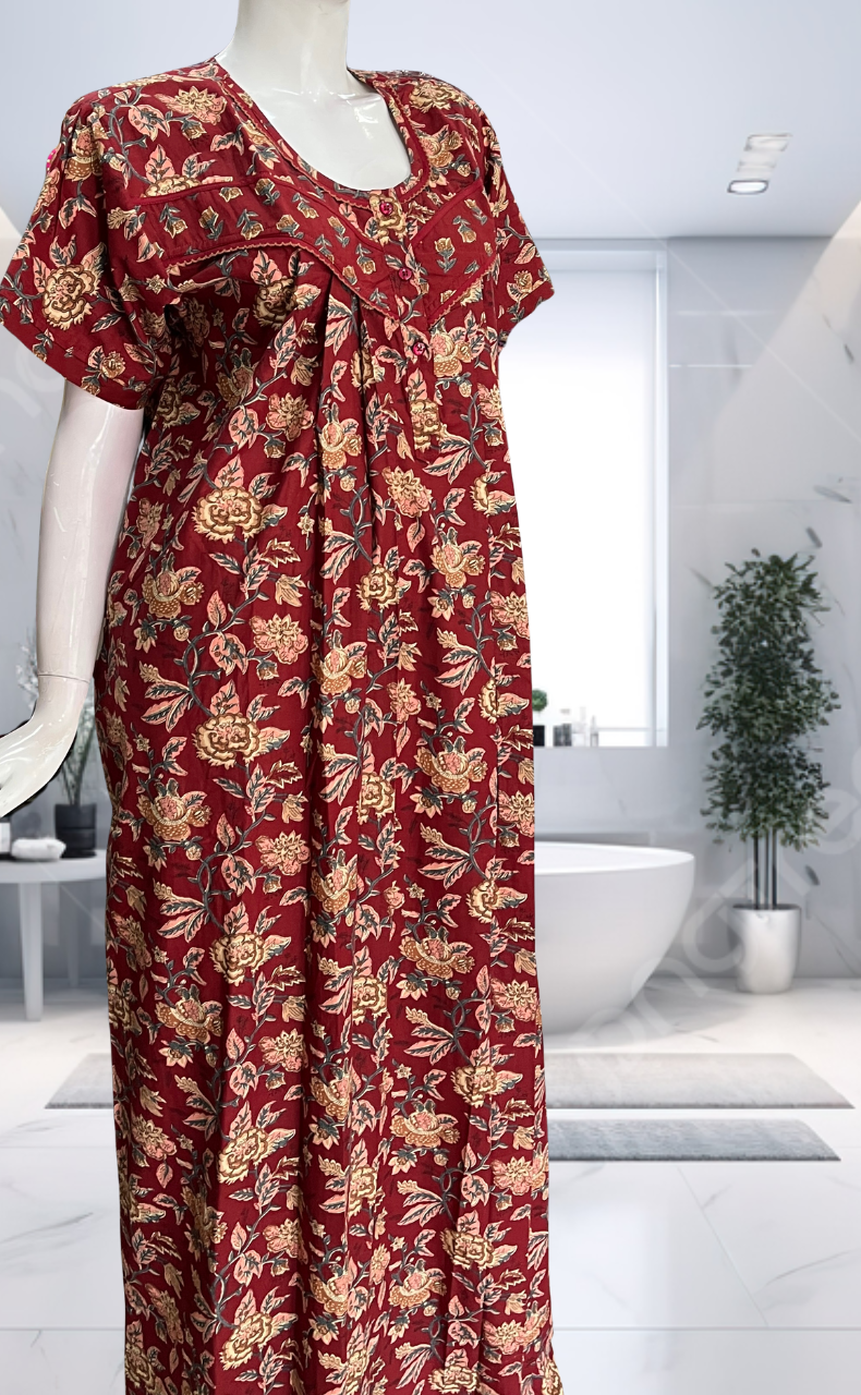 Maroon Garden Pure Cotton Nighty. Pure Durable Cotton | Laces and Frills - Laces and Frills