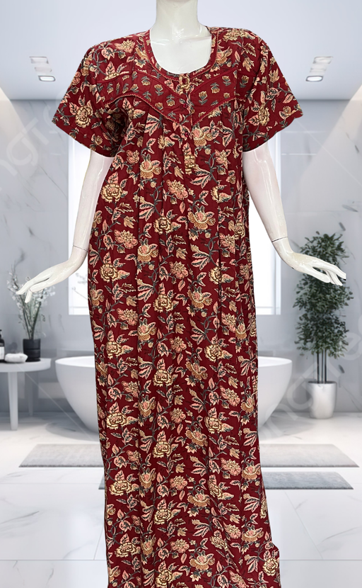 Maroon Garden Pure Cotton Nighty. Pure Durable Cotton | Laces and Frills - Laces and Frills