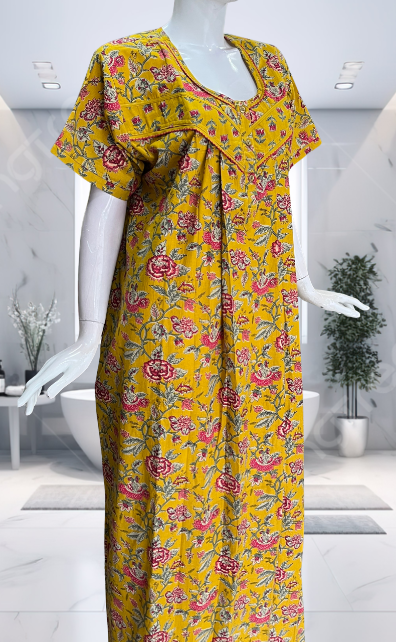 Yellow Garden Pure Cotton Nighty. Pure Durable Cotton | Laces and Frills - Laces and Frills