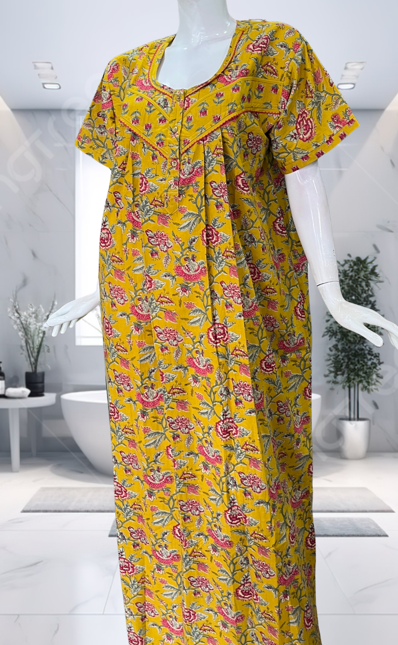 Yellow Garden Pure Cotton Nighty. Pure Durable Cotton | Laces and Frills - Laces and Frills