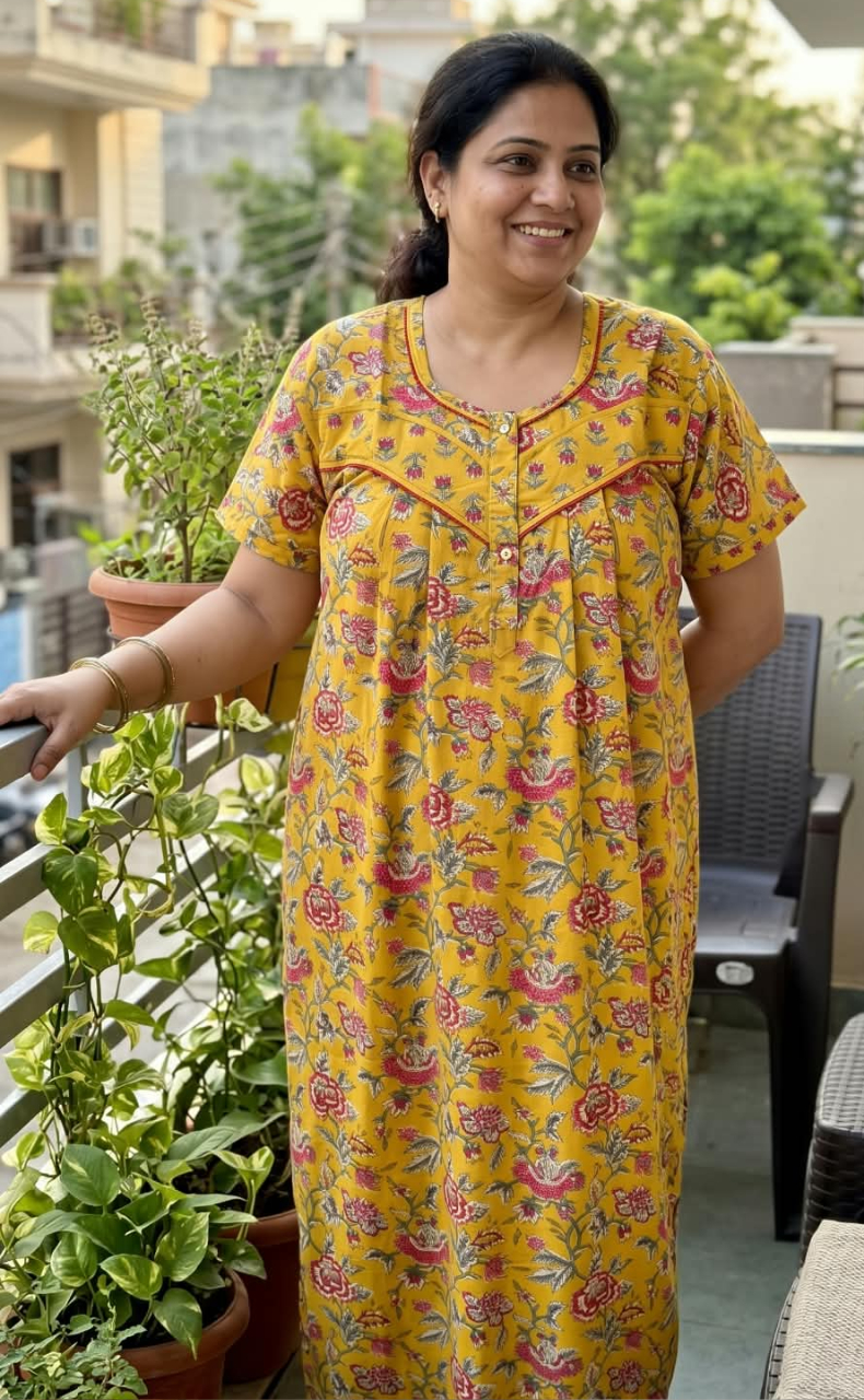 Yellow Garden Pure Cotton Nighty. Pure Durable Cotton | Laces and Frills