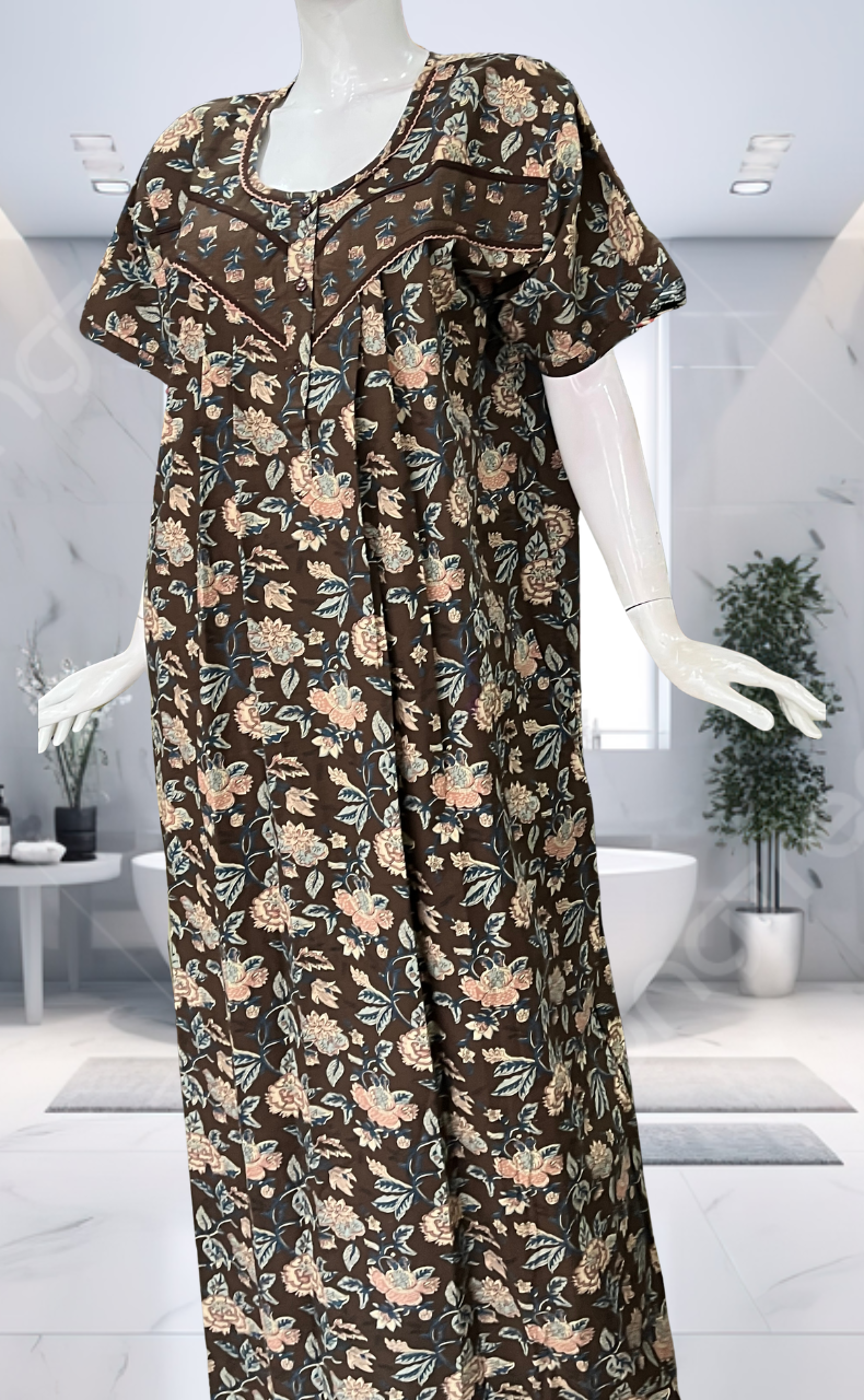 Brown Garden Pure Cotton Nighty. Pure Durable Cotton | Laces and Frills - Laces and Frills