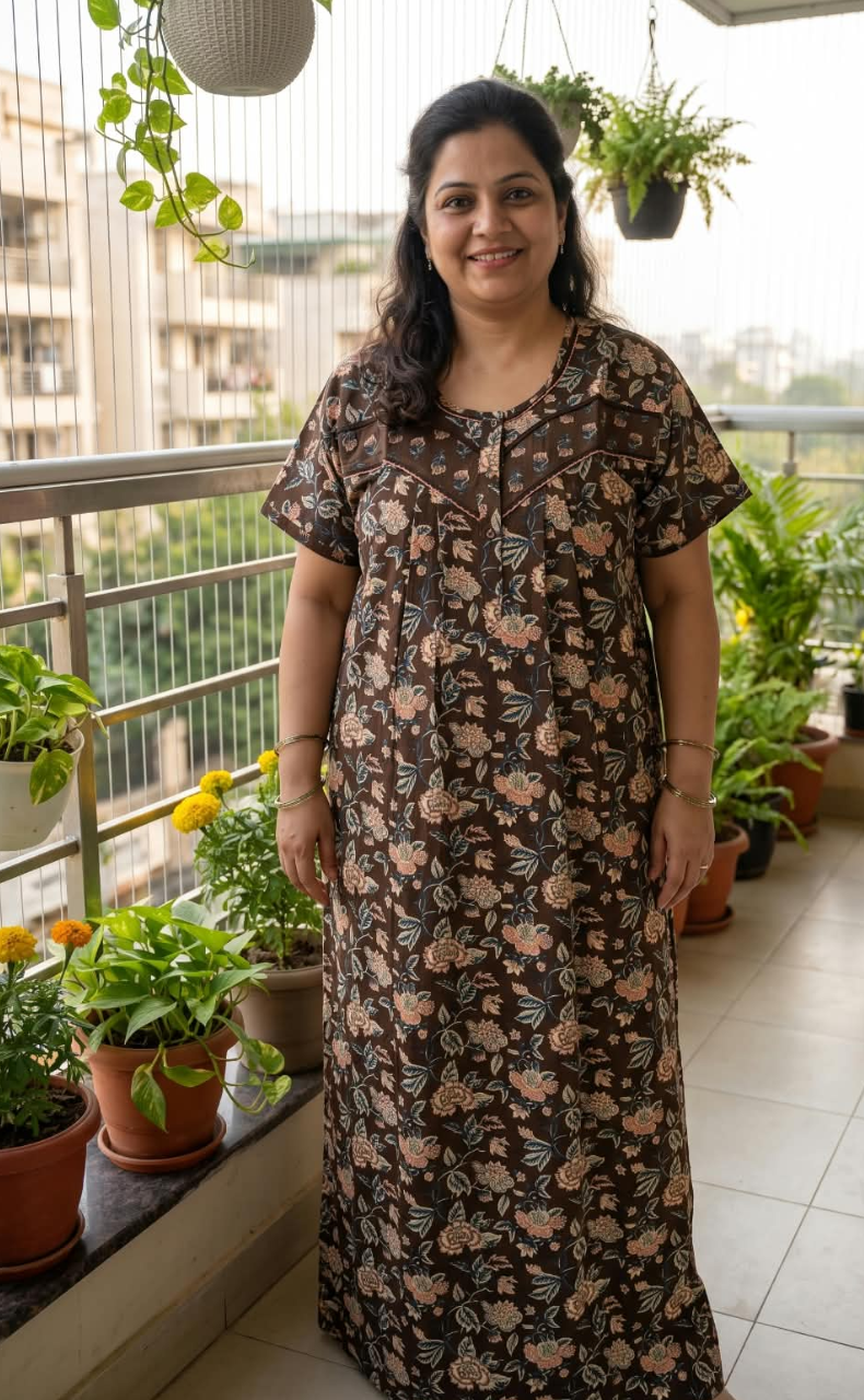 Brown Garden Pure Cotton Nighty. Pure Durable Cotton | Laces and Frills - Laces and Frills