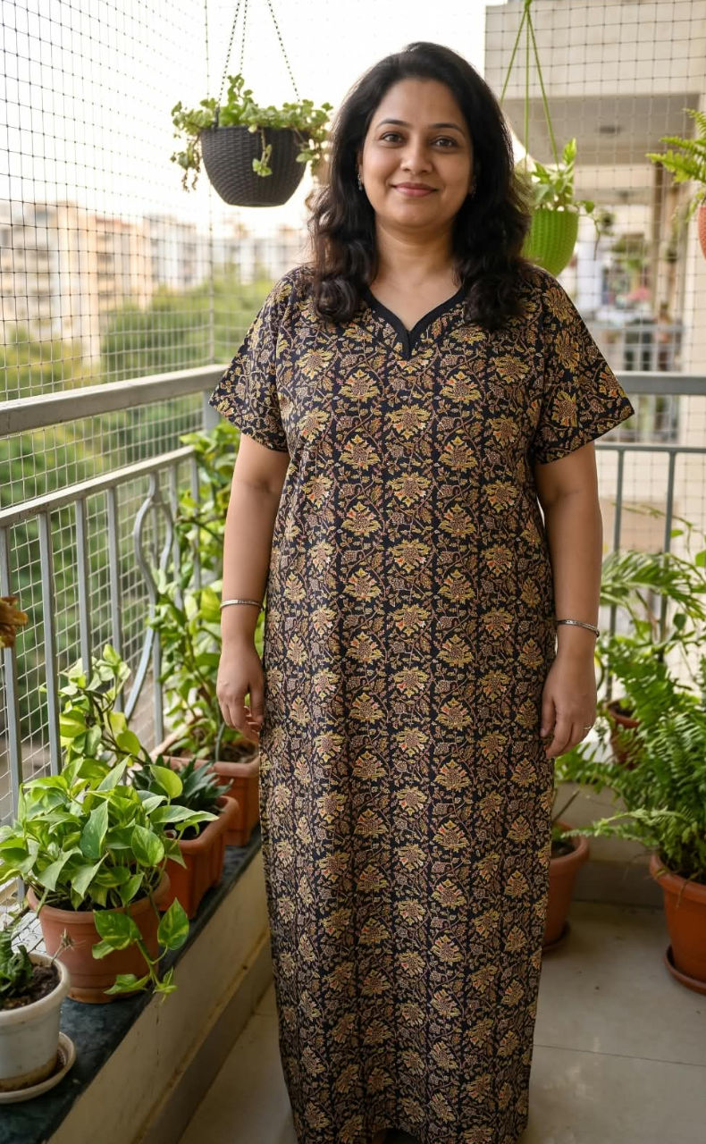 Navy Blue Garden Pure Cotton Nighty. Pure Durable Cotton | Laces and Frills