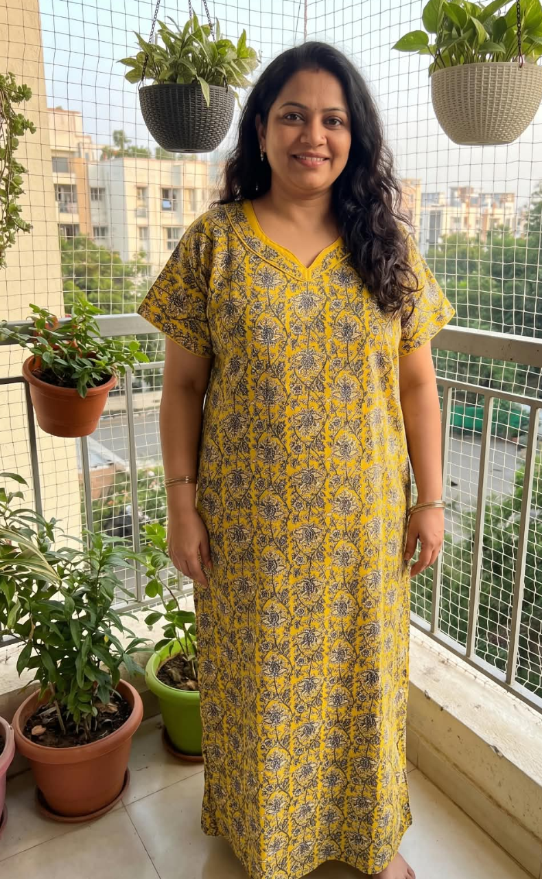 Yellow Garden Pure Cotton Nighty. Pure Durable Cotton | Laces and Frills