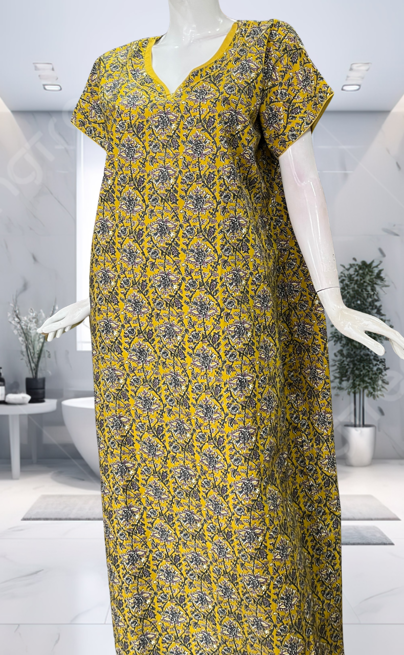 Yellow Garden Pure Cotton Nighty. Pure Durable Cotton | Laces and Frills - Laces and Frills