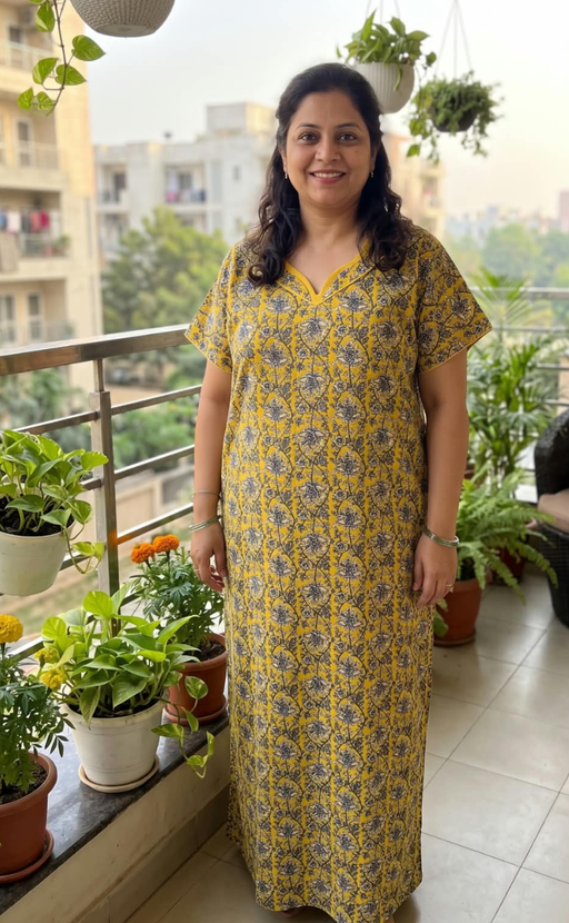 Yellow Garden Pure Cotton Nighty. Pure Durable Cotton | Laces and Frills - Laces and Frills