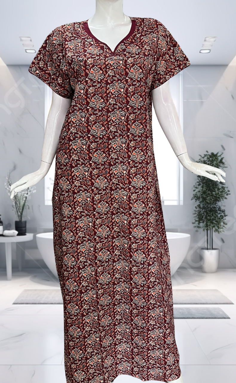 Maroon Garden Pure Cotton Nighty. Pure Durable Cotton | Laces and Frills - Laces and Frills