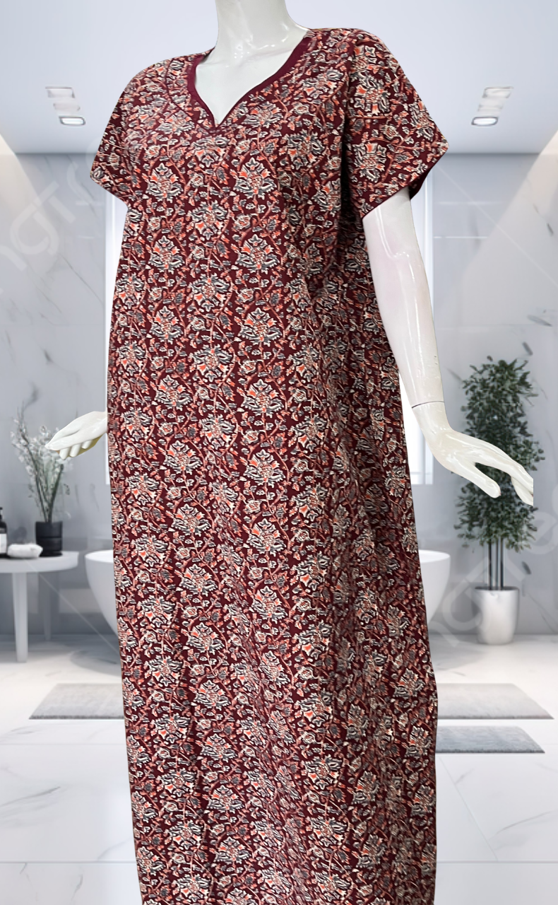 Maroon Garden Pure Cotton Nighty. Pure Durable Cotton | Laces and Frills - Laces and Frills