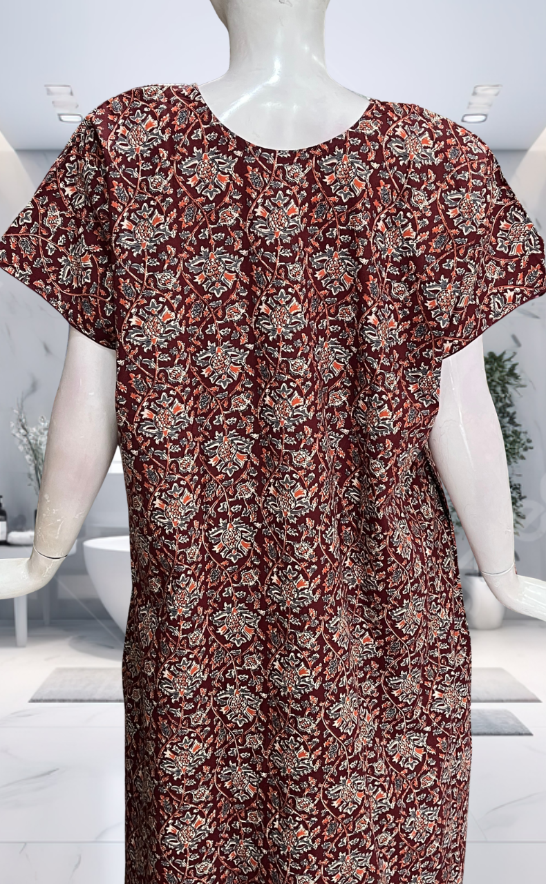 Maroon Garden Pure Cotton Nighty. Pure Durable Cotton | Laces and Frills - Laces and Frills