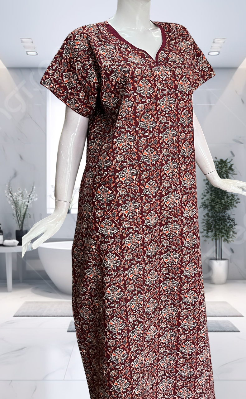 Maroon Garden Pure Cotton Nighty. Pure Durable Cotton | Laces and Frills - Laces and Frills