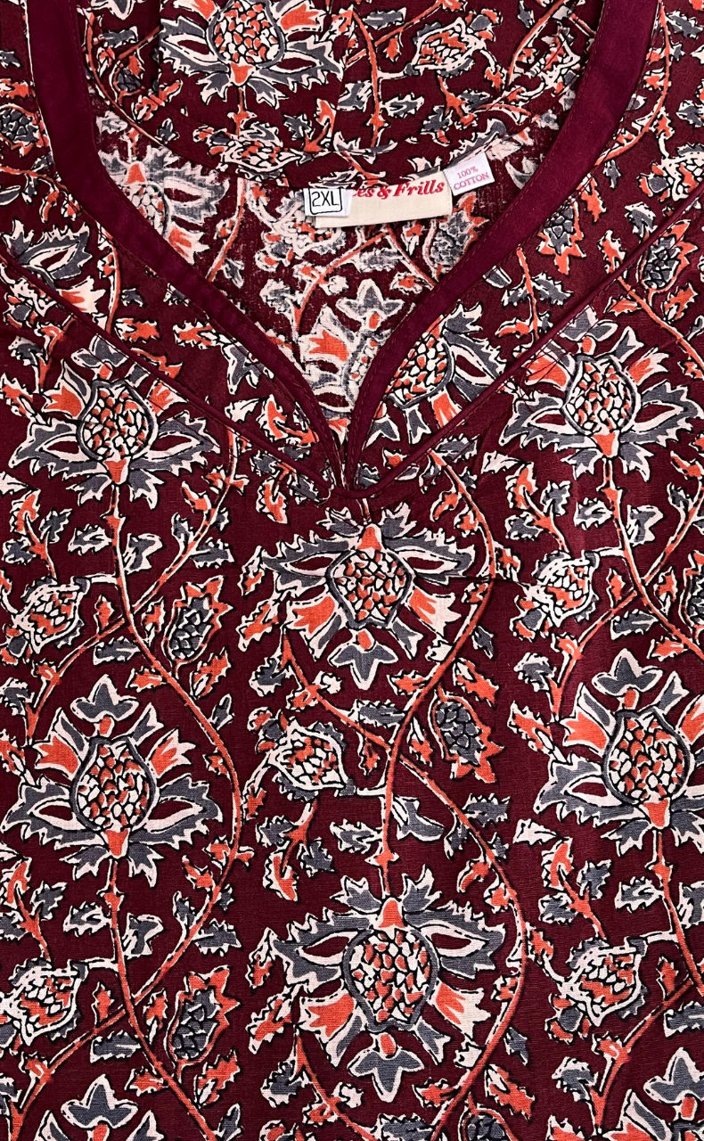 Maroon Garden Pure Cotton Nighty. Pure Durable Cotton | Laces and Frills - Laces and Frills