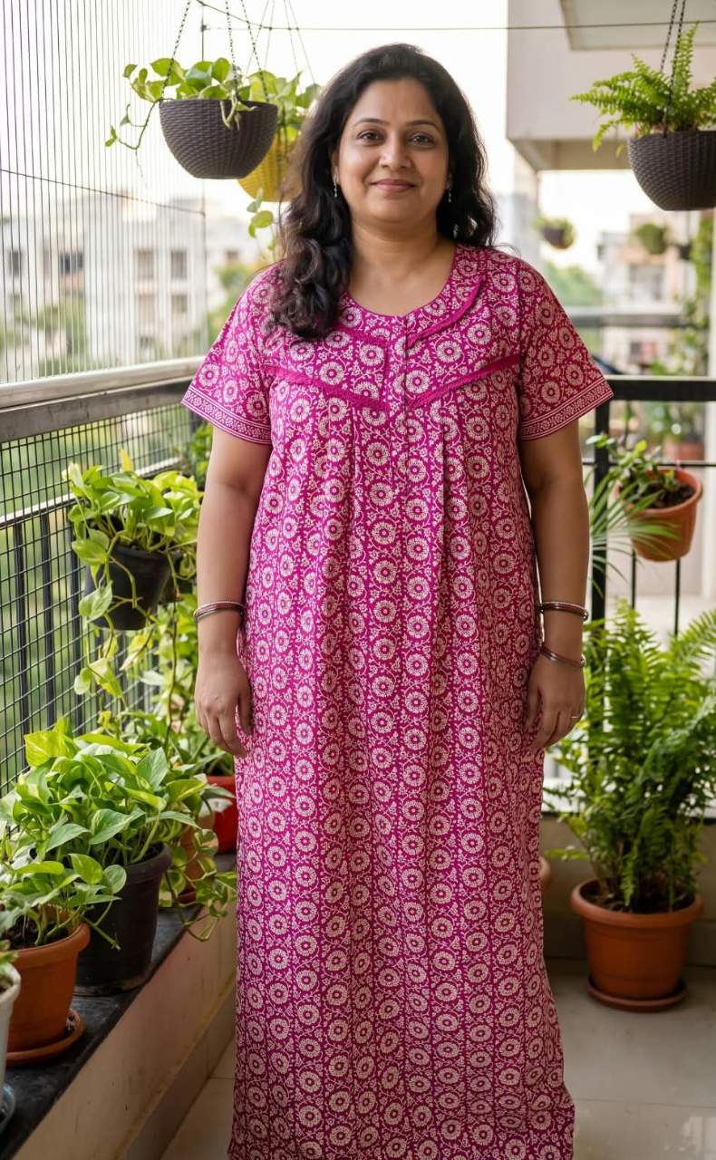 Pink Garden Pure Cotton Nighty. Pure Durable Cotton | Laces and Frills
