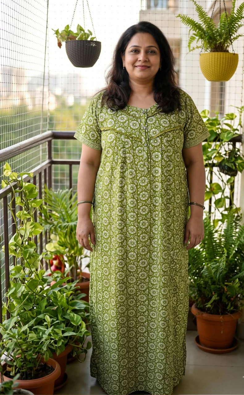 Green Garden Pure Cotton Nighty. Pure Durable Cotton | Laces and Frills