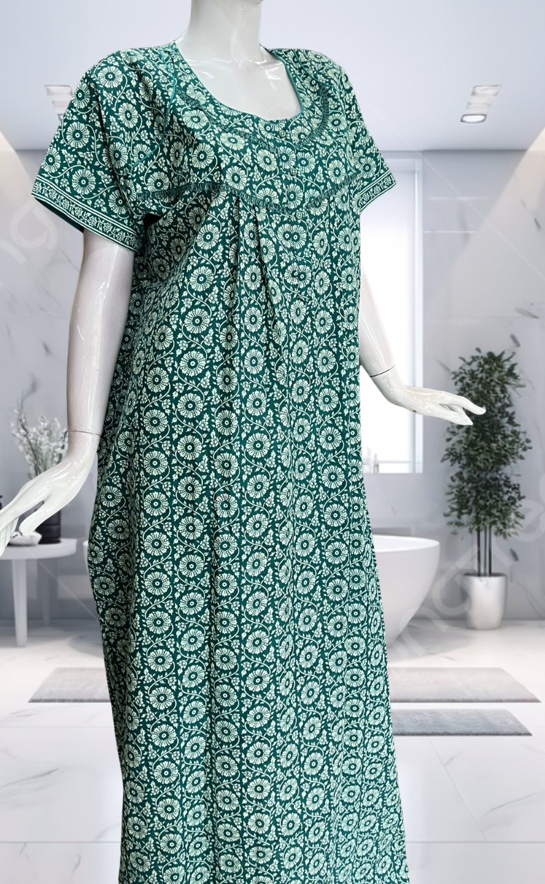 Sea Green Garden Pure Cotton Nighty. Pure Durable Cotton | Laces and Frills