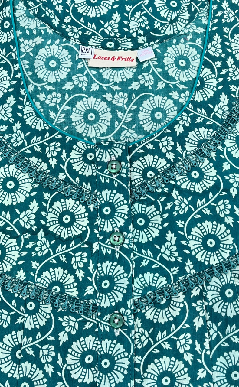 Sea Green Garden Pure Cotton Nighty. Pure Durable Cotton | Laces and Frills