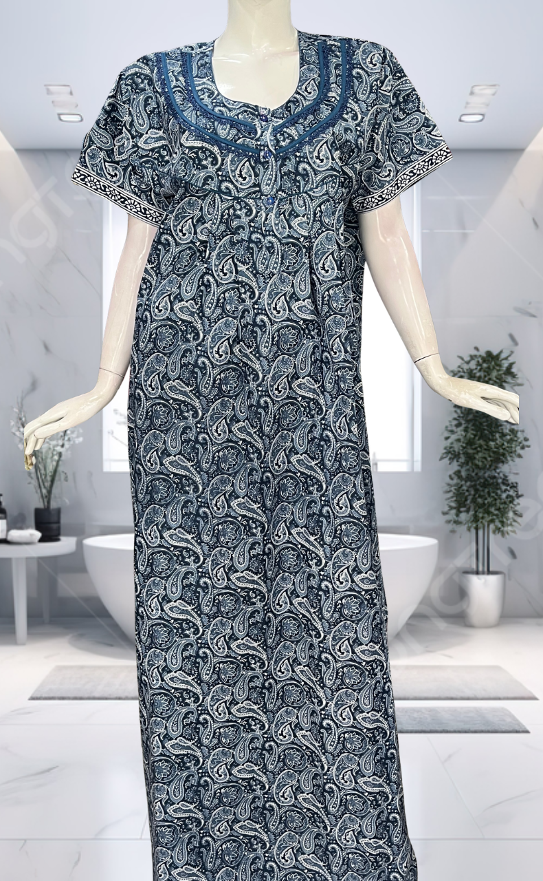 Blue Paisley Print Pure Cotton Nighty. Pure Durable Cotton | Laces and Frills