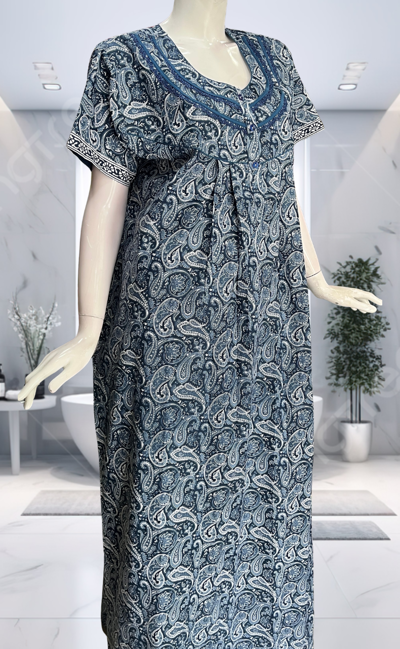Blue Paisley Print Pure Cotton Nighty. Pure Durable Cotton | Laces and Frills
