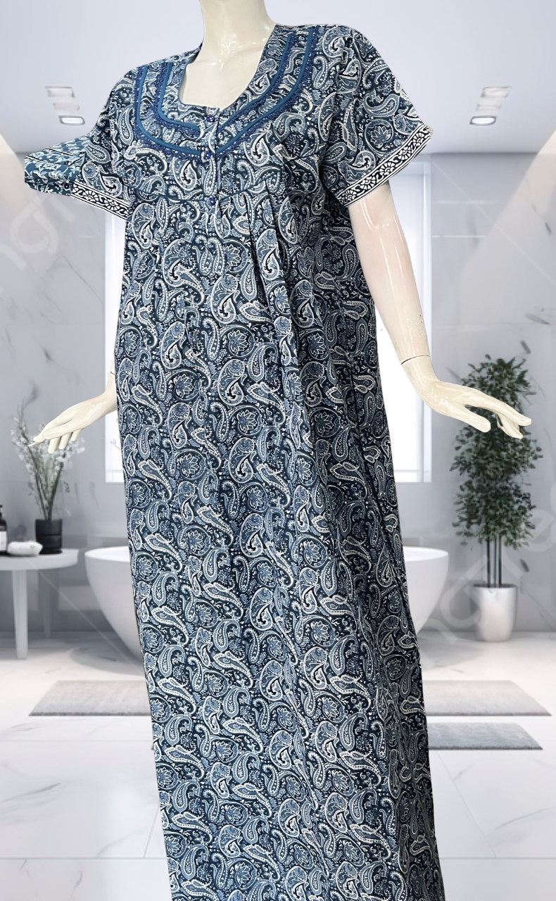 Blue Paisley Print Pure Cotton Nighty. Pure Durable Cotton | Laces and Frills