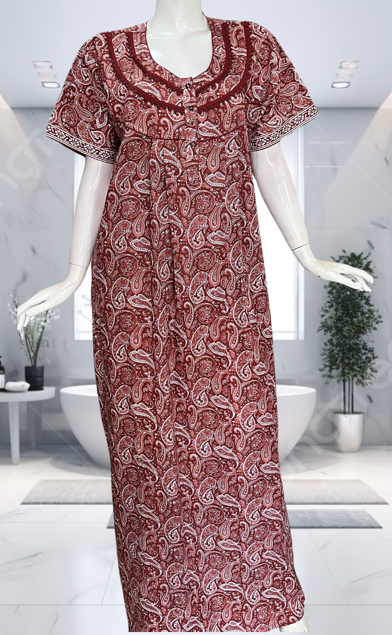 Rust Maroon Paisley Print Pure Cotton Nighty. Pure Durable Cotton | Laces and Frills