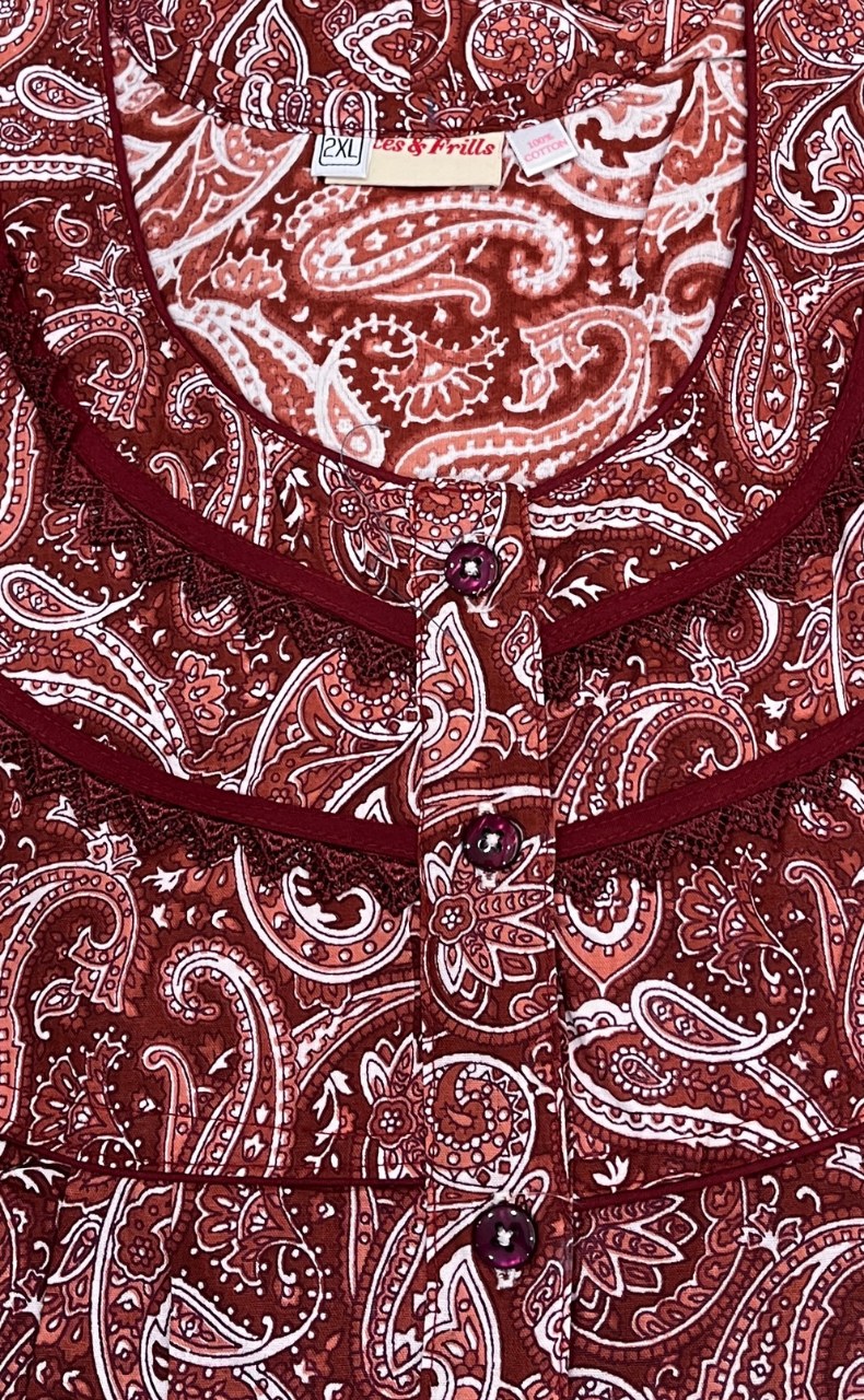 Rust Maroon Paisley Print Pure Cotton Nighty. Pure Durable Cotton | Laces and Frills
