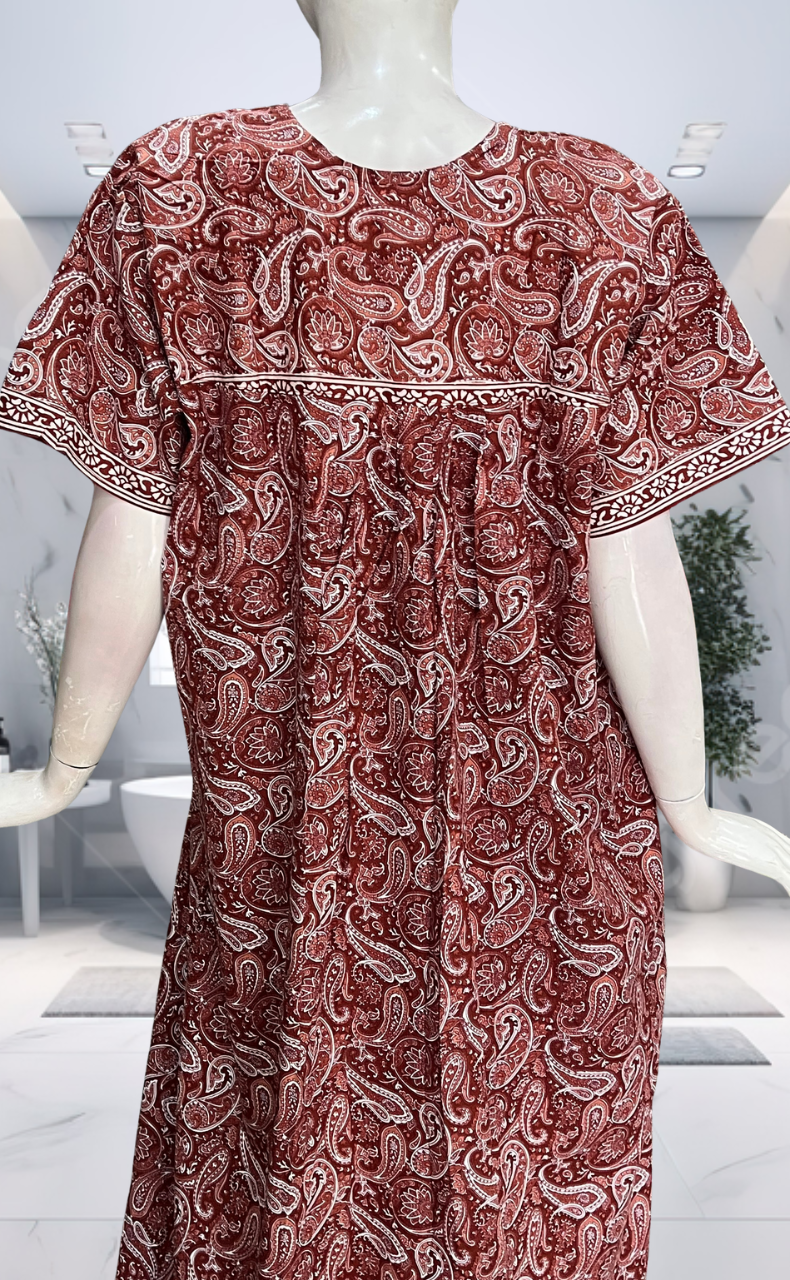 Rust Maroon Paisley Print Pure Cotton Nighty. Pure Durable Cotton | Laces and Frills