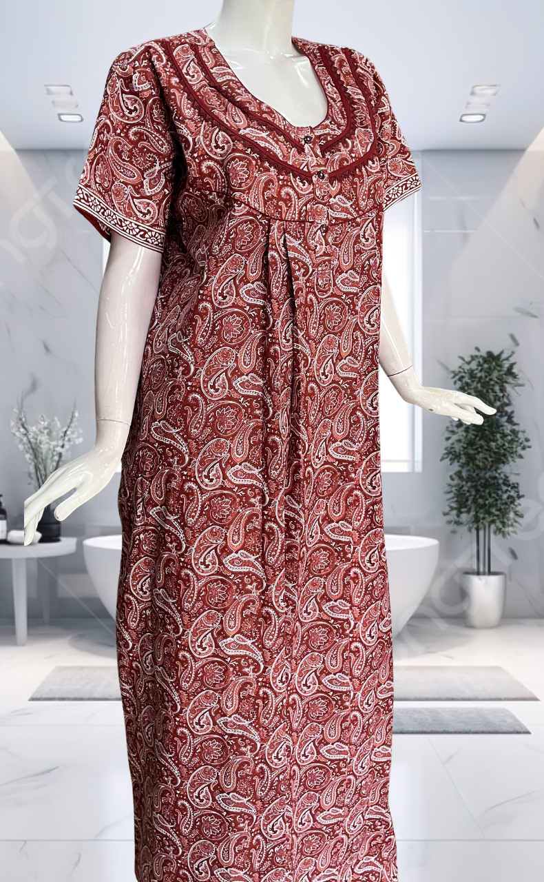 Rust Maroon Paisley Print Pure Cotton Nighty. Pure Durable Cotton | Laces and Frills