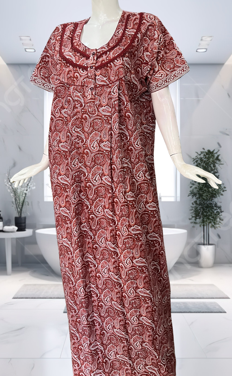 Rust Maroon Paisley Print Pure Cotton Nighty. Pure Durable Cotton | Laces and Frills