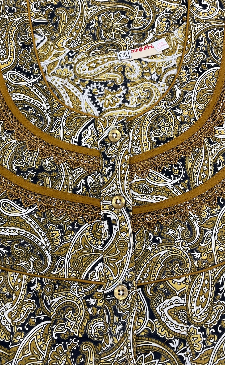 Mustard Paisley Print Pure Cotton Nighty. Pure Durable Cotton | Laces and Frills