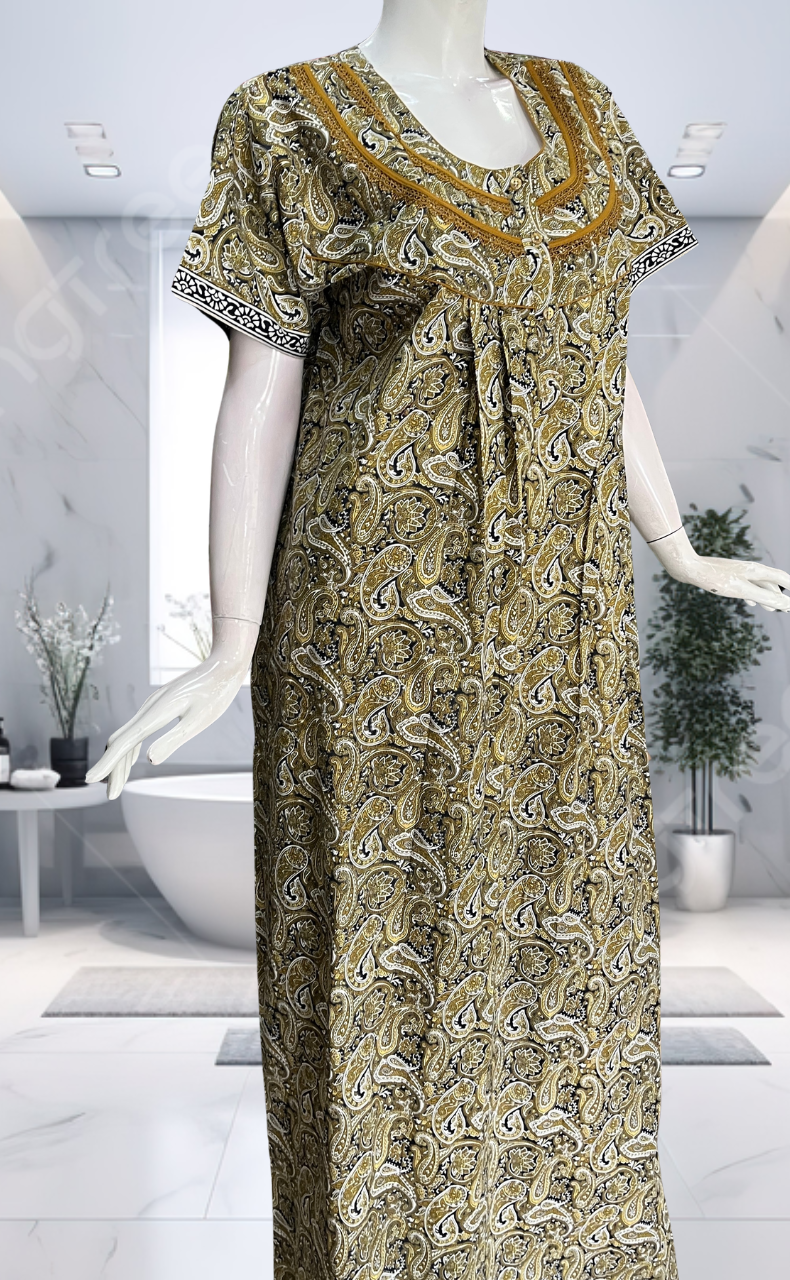 Mustard Paisley Print Pure Cotton Nighty. Pure Durable Cotton | Laces and Frills
