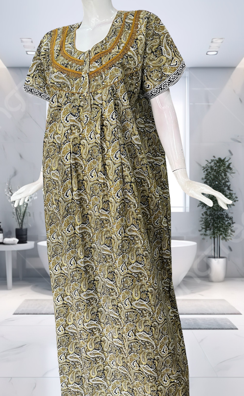 Mustard Paisley Print Pure Cotton Nighty. Pure Durable Cotton | Laces and Frills