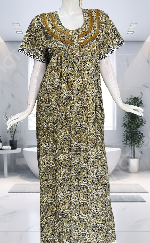 Mustard Paisley Print Pure Cotton Nighty. Pure Durable Cotton | Laces and Frills - Laces and Frills