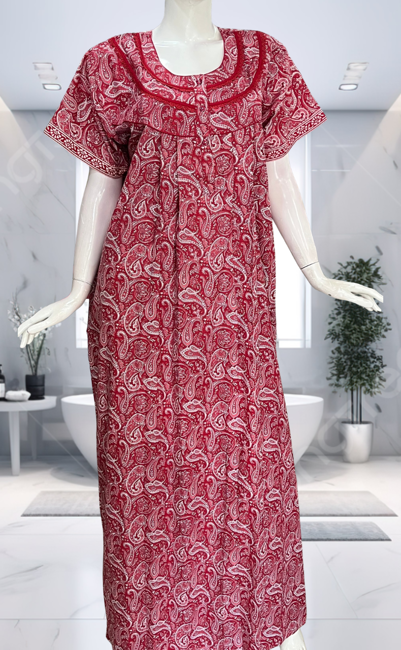 Red Paisley Print Pure Cotton Nighty. Pure Durable Cotton | Laces and Frills