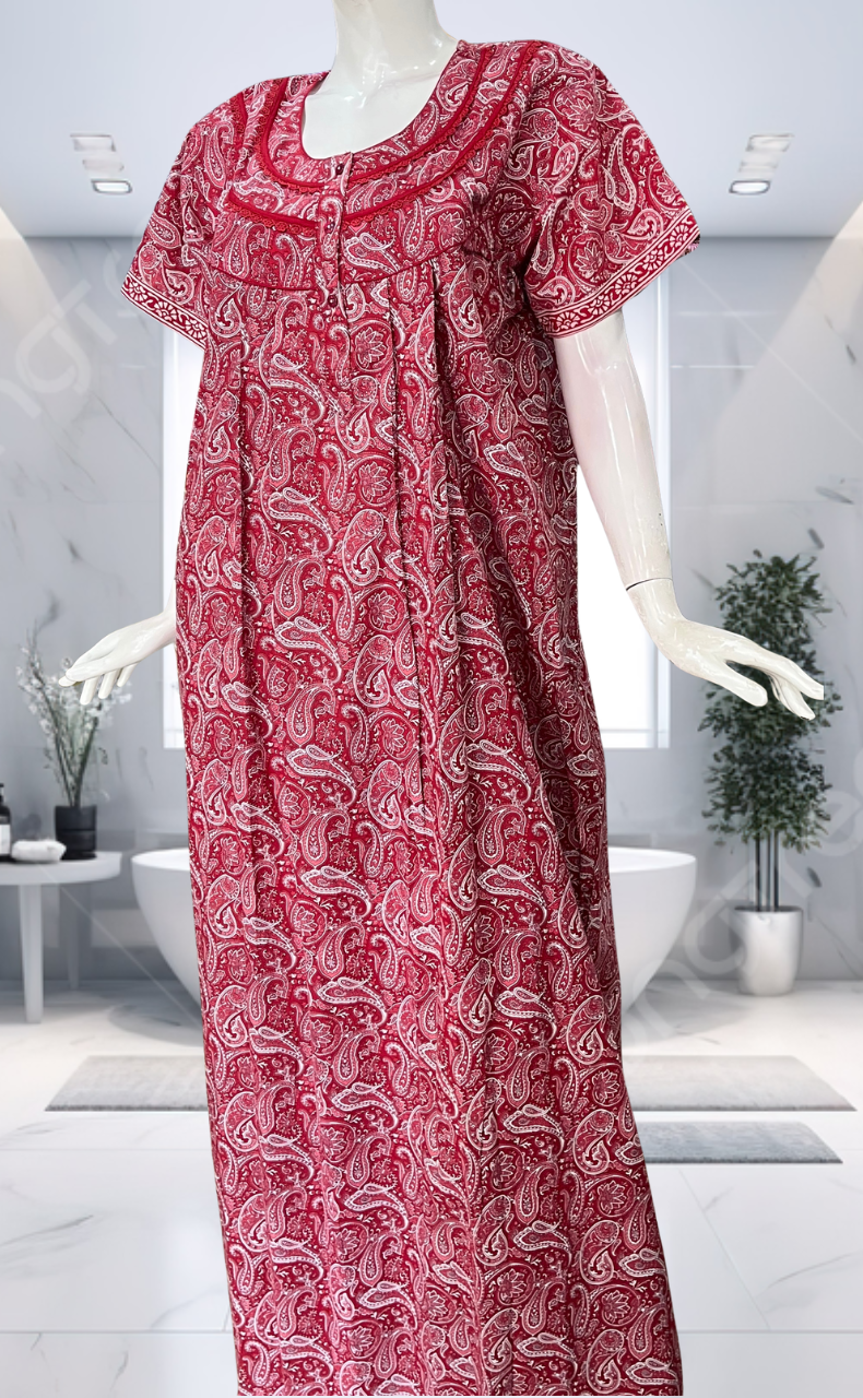 Red Paisley Print Pure Cotton Nighty. Pure Durable Cotton | Laces and Frills
