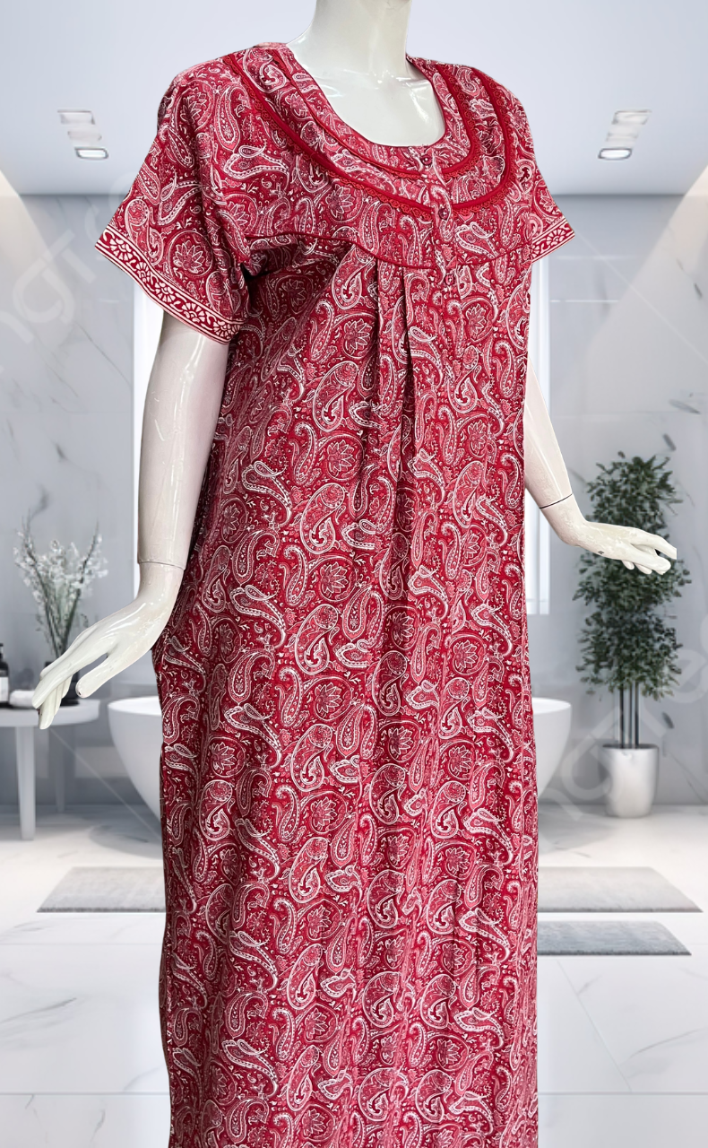 Red Paisley Print Pure Cotton Nighty. Pure Durable Cotton | Laces and Frills