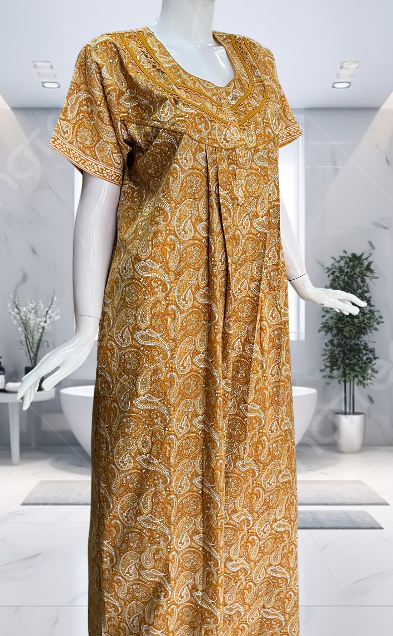 Yellow Paisley Print Pure Cotton Nighty. Pure Durable Cotton | Laces and Frills