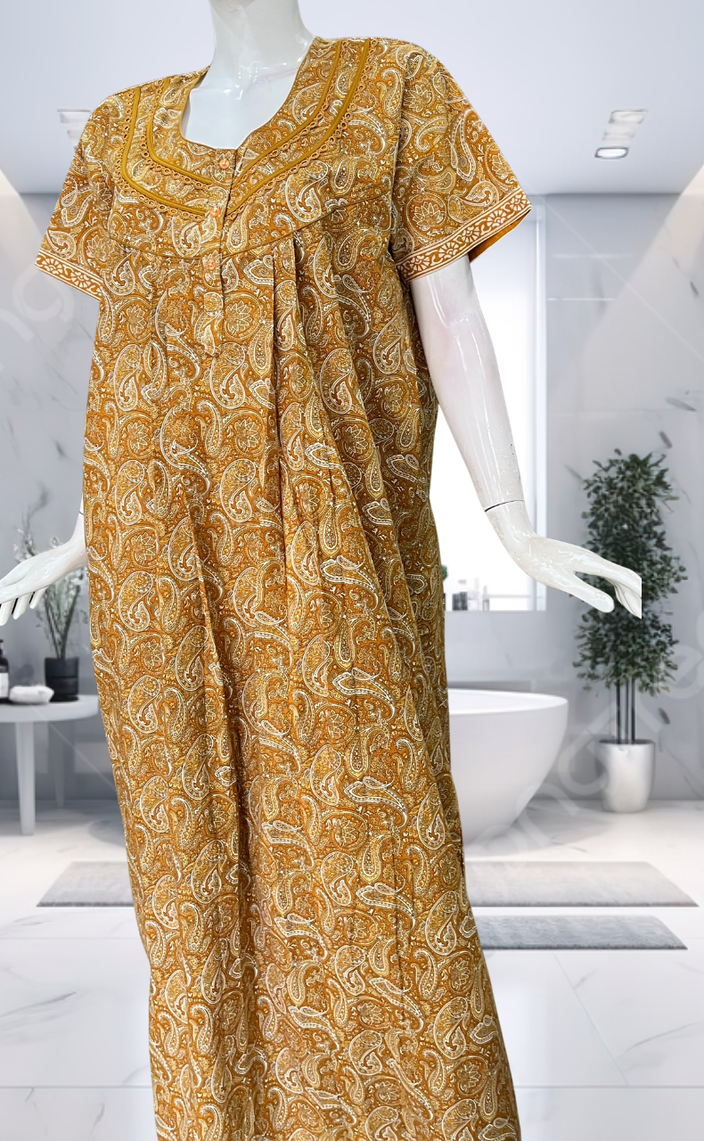 Yellow Paisley Print Pure Cotton Nighty. Pure Durable Cotton | Laces and Frills