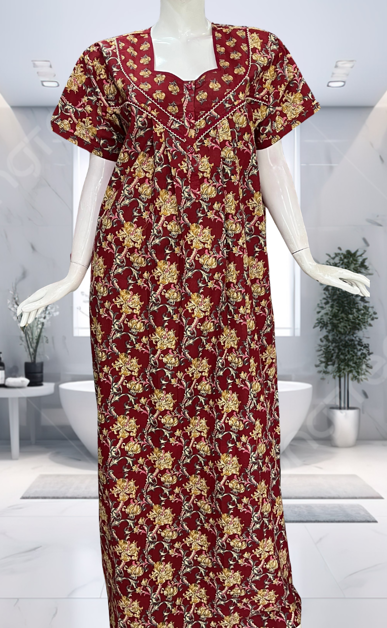 Maroon Garden Pure Cotton Nighty. Pure Durable Cotton | Laces and Frills