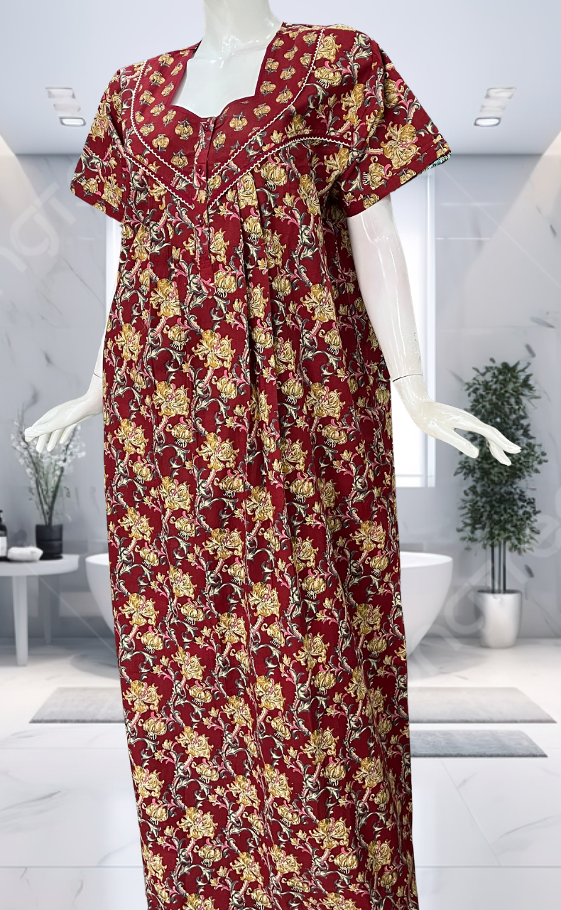 Maroon Garden Pure Cotton Nighty. Pure Durable Cotton | Laces and Frills
