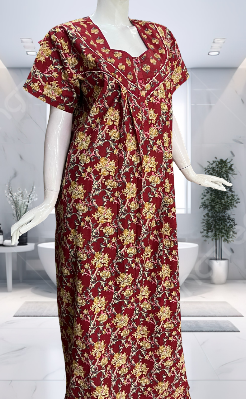 Maroon Garden Pure Cotton Nighty. Pure Durable Cotton | Laces and Frills