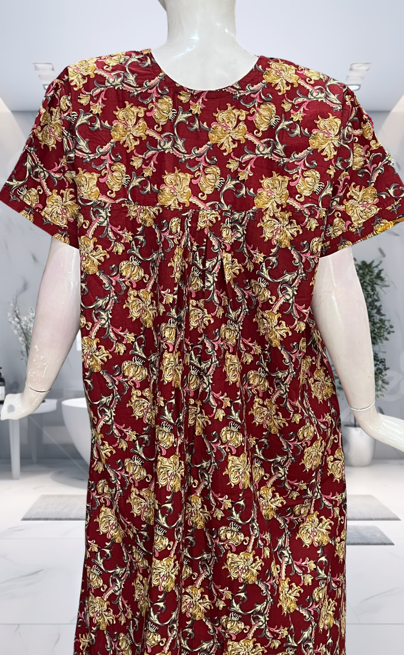 Maroon Garden Pure Cotton Nighty. Pure Durable Cotton | Laces and Frills