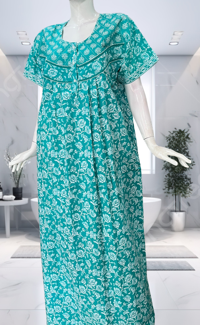 Sea Green Garden Pure Cotton Nighty. Pure Durable Cotton | Laces and Frills