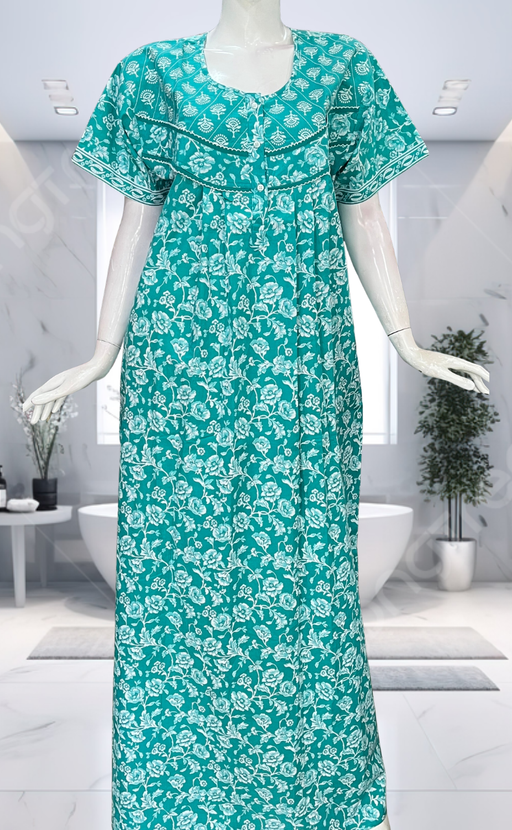 Sea Green Garden Pure Cotton Nighty. Pure Durable Cotton | Laces and Frills - Laces and Frills