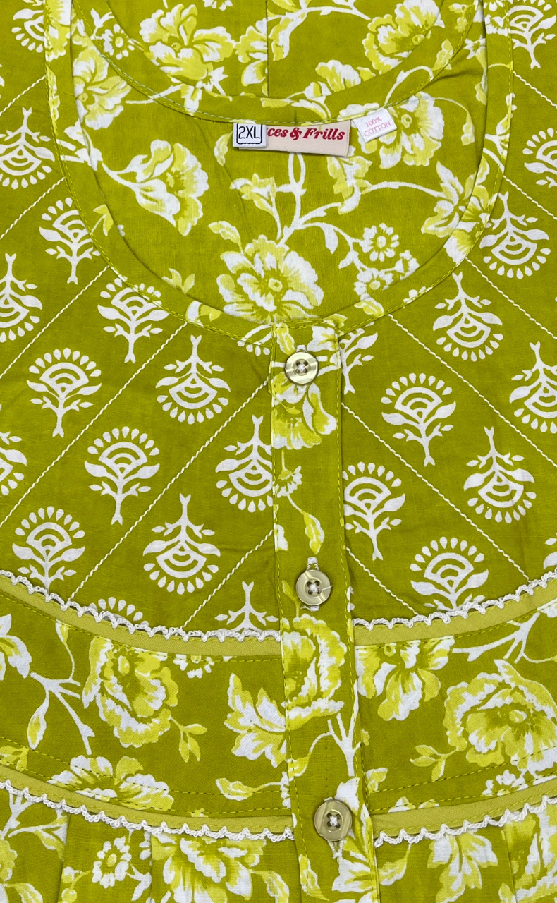 Lime Green Garden Pure Cotton Nighty. Pure Durable Cotton | Laces and Frills