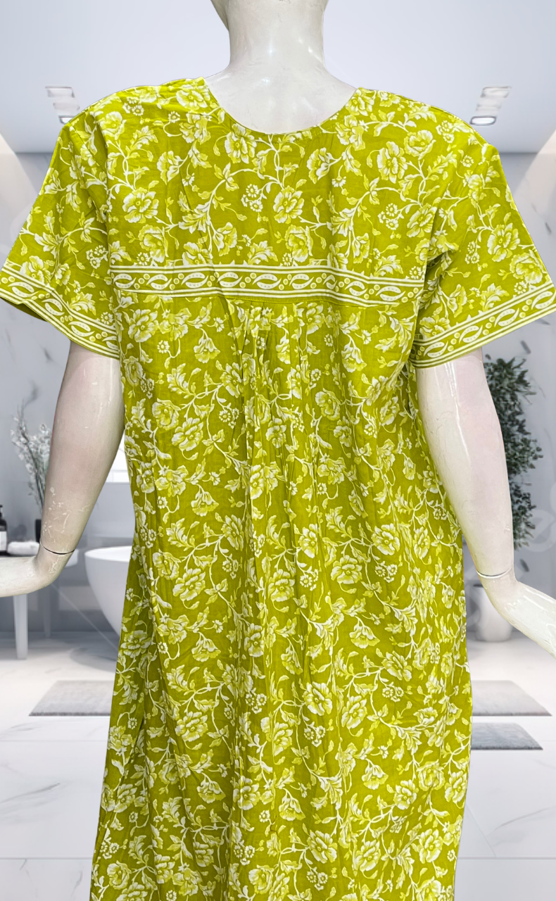 Lime Green Garden Pure Cotton Nighty. Pure Durable Cotton | Laces and Frills
